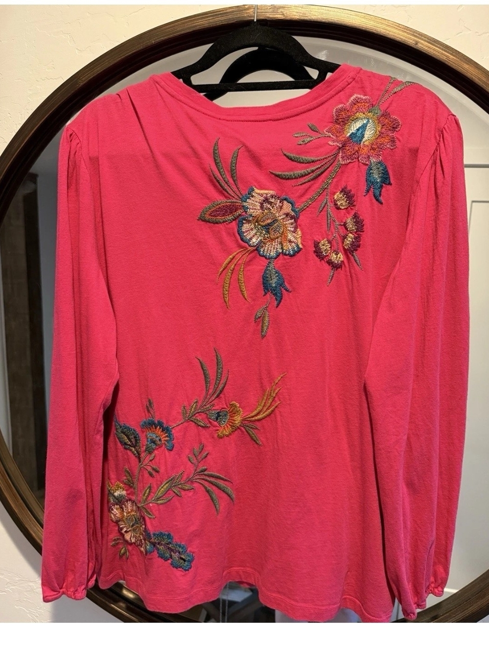 Johnny Was Sidonia Sequin Floral Embroidered Bishop Sleeve Tee Top Pink L